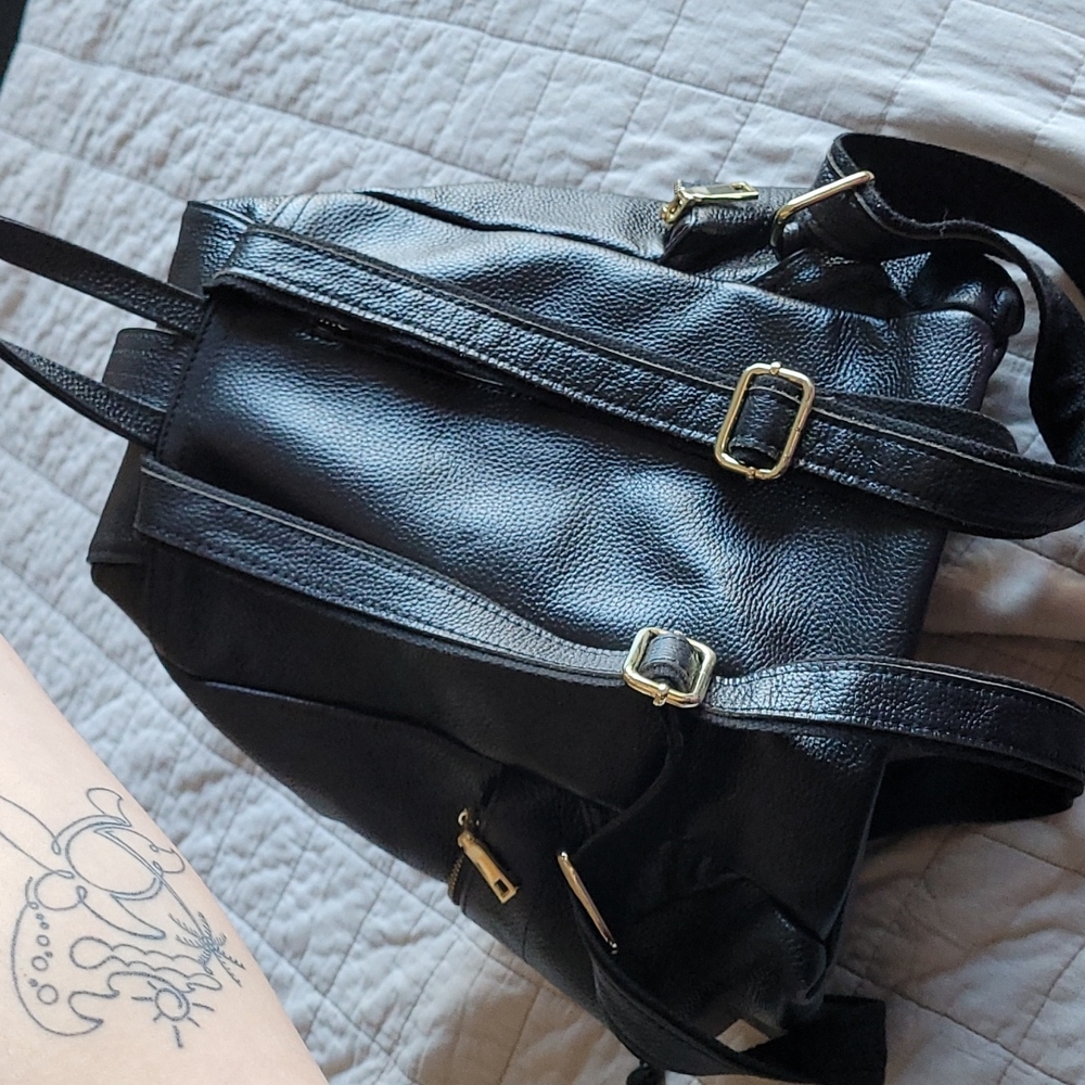 EUC Black Pebbled Leather w Gold Backpack - Picture 2 of 14